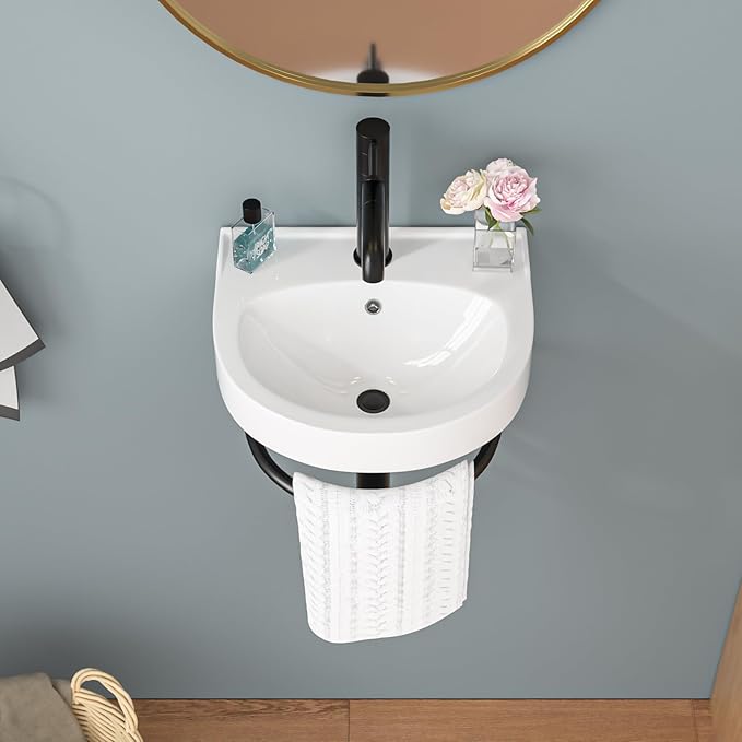 Sarlai Wall Hung Bathroom Vessel Sink with Towel Rack,16x14 Inch Wall Mounted Rectangle Ceramic Small Bathroom Sink White Mini Wash Modern Vanity Floating Basin