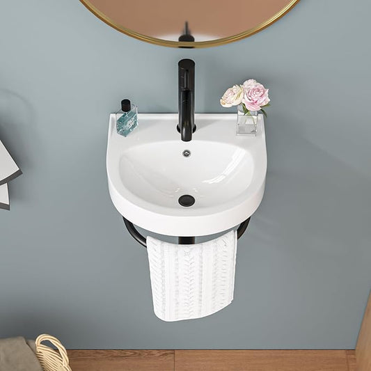 Sarlai Wall Hung Bathroom Vessel Sink with Towel Rack,16x14 Inch Wall Mounted Rectangle Ceramic Small Bathroom Sink White Mini Wash Modern Vanity Floating Basin