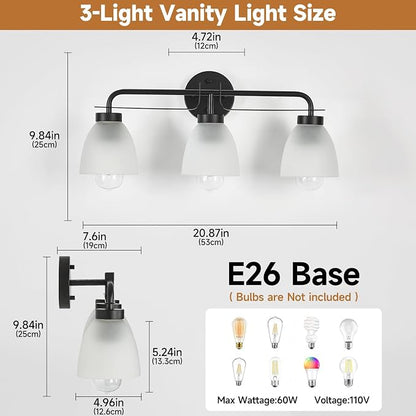 3-Light Black Bathroom Light Fixture,21 Inch Mid-Century Modern Vanity Lights for Bathroom with Frosted White Bell Shades, Industrial Wall Sconce for Mirror Over Vanity, Bedroom, Hallway