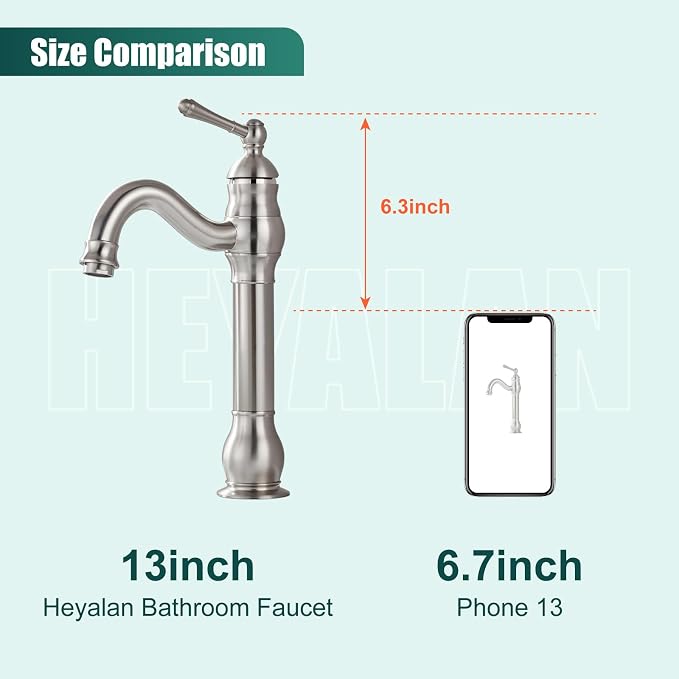 Heyalan Tall Vessel Sink Faucet, Single Handle 1-Hole,Brushed Nickel | SUS304 stainless steel, 360° swivel spout, includes pop-up drain & hoses, deck mount 1-hole, tall design for vessel sink