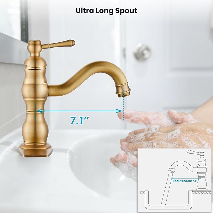 gotonovo Bathroom Faucet 1 Hole Vintage,Antique Brass,7.1” Spout Reach | Bathroom Sink Faucet for 1 or 3 Hole Single Handle,Deck Plate,360° Swivel Spout,Pop Up Drain,cUPC Supply Hoses,for Vanity RV