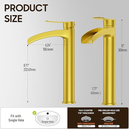 Phiestina Brushed Gold Tall Bathroom Vessel Sink Faucet 2 Pack, Single Hole Single Handle Waterfall Above Countertop Sink Bathroom Faucet, with Pop Up Drain,Water Supply Line, NS-SF01-V-BG-2pack