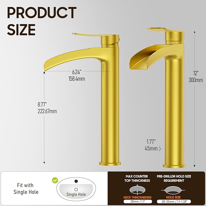 Phiestina Brushed Gold Tall Bathroom Vessel Sink Faucet, Single Hole Single Handle Waterfall Modern Bathroom Faucet, with Pop Up Drain and Water Supply Line, NS-SF01-BG-V