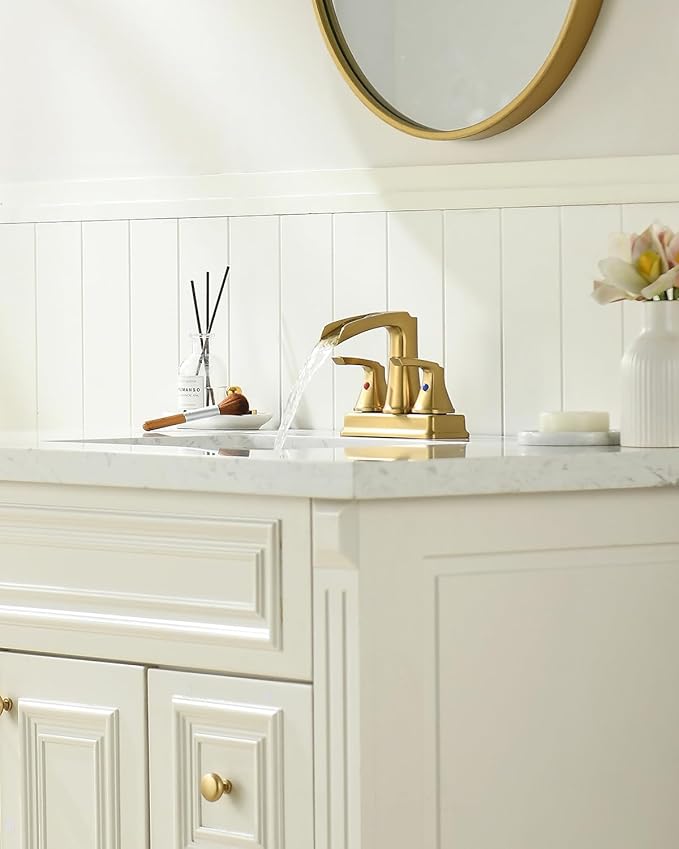 Fapully Bathroom Faucet, Waterfall Bathroom Sink Faucet Widespread, 4 Inch Centerset Brushed Gold Faucet for Bathroom Sink with Pop-up Drain