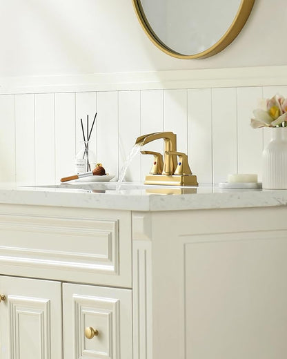 Fapully Bathroom Faucet, Waterfall Bathroom Sink Faucet Widespread, 4 Inch Centerset Brushed Gold Faucet for Bathroom Sink with Pop-up Drain