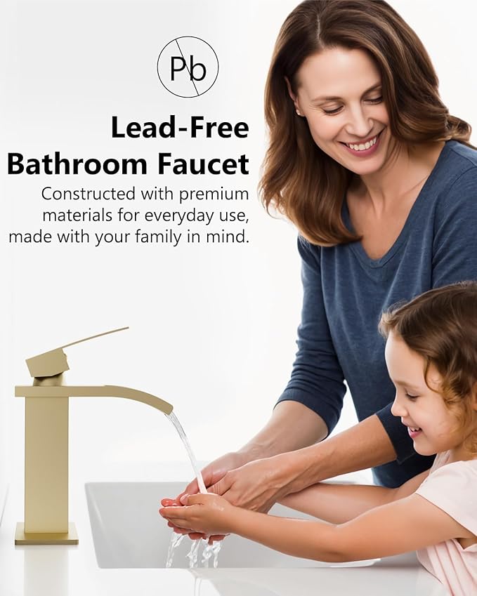 Waterfall Bathroom Faucet 1 Hole, Single Hole Bathroom Faucet, Single Handle Vanity Sink Faucet with Deck Plate, Pop-up Drain & Supply Lines, Brushed Gold