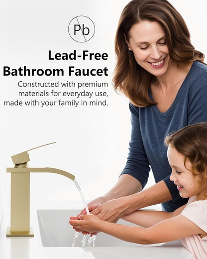 Waterfall Bathroom Faucet 1 Hole, Single Hole Bathroom Faucet, Single Handle Vanity Sink Faucet with Deck Plate, Pop-up Drain & Supply Lines, Brushed Gold