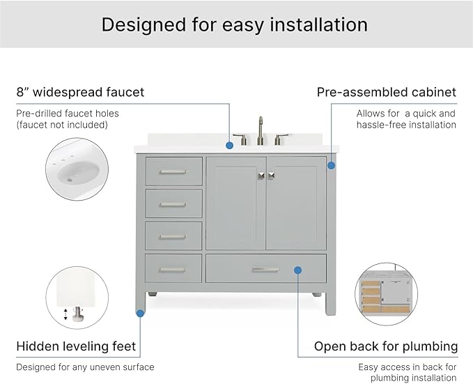 ARIEL Cambridge 42-inch Bathroom Vanity with Sink,Solid Wood, 1.5-inch Pure White Quartz Countertop & Backsplash, Single Oval Porcelain Sink, 2 Soft Closing Doors, 5 Dovetail Drawers, Grey