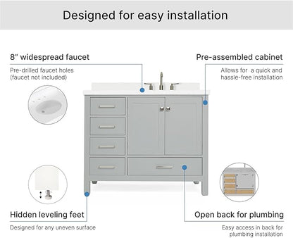 ARIEL Cambridge 42-inch Bathroom Vanity with Sink,Solid Wood, 1.5-inch Pure White Quartz Countertop & Backsplash, Single Oval Porcelain Sink, 2 Soft Closing Doors, 5 Dovetail Drawers, Grey