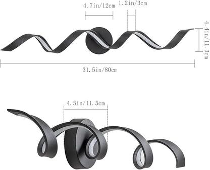 Dimmable Modern LED Bathroom Vanity Lights 32 inch, 20W Spiral Design Black Wall Light Fixtures for Bathroom, Living Room and Hallway, 6000K White Light