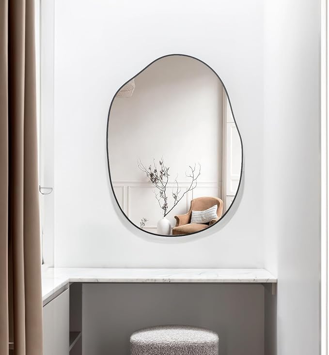 Black Irregular Mirror for Bathroom Asymmetrical Wood Vanity Mirror 24"x32" | Farmhouse Accent Vanity Mirror Hanging Horizontal/Vertical Black Wood Wall Mirror Decorative for Bathroom Bedroom Entryway