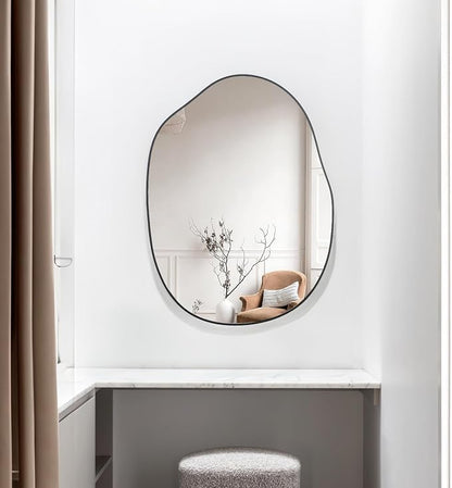 Black Irregular Mirror for Bathroom Asymmetrical Wood Vanity Mirror 24"x32" | Farmhouse Accent Vanity Mirror Hanging Horizontal/Vertical Black Wood Wall Mirror Decorative for Bathroom Bedroom Entryway