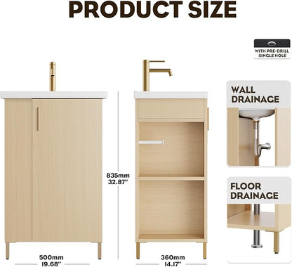 20 Inch Oak Pre-Assembled Freestanding Small Bathroom Vanity with Sink, Soft-Close Door, Left Side Storage, Space-Saving Design, No Faucet, BV05-20-oak-plus
