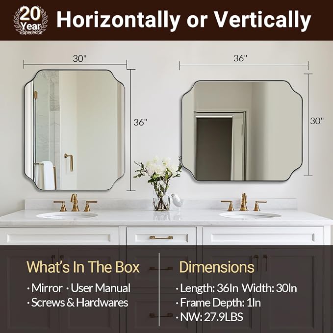 30x36 Inch Brushed Nickel Mirror, Silver Bathroom Mirror for Over Sink, Rounded Notched Corner Mirror in Anti-Rust Stainless Steel Metal Thin Frame, Wall Mount Vertically or Horizontally