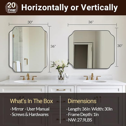 30x36 Inch Brushed Nickel Mirror, Silver Bathroom Mirror for Over Sink, Rounded Notched Corner Mirror in Anti-Rust Stainless Steel Metal Thin Frame, Wall Mount Vertically or Horizontally