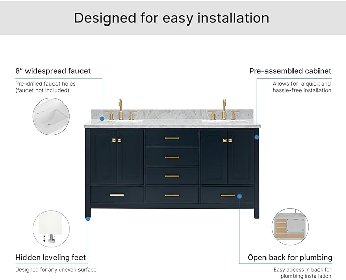 ARIEL Cambridge 66-inch Bathroom Vanity with Sink,Solid Wood, 0.75-inch Italian Carrara Marble Countertop, Double Rectangular Porcelain Sink, 4 Soft Closing Doors, 6 Dovetail Drawers, Midnight Blue