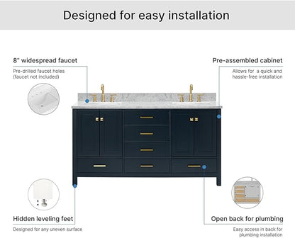 ARIEL Cambridge 66-inch Bathroom Vanity with Sink,Solid Wood, 0.75-inch Italian Carrara Marble Countertop, Double Rectangular Porcelain Sink, 4 Soft Closing Doors, 6 Dovetail Drawers, Midnight Blue