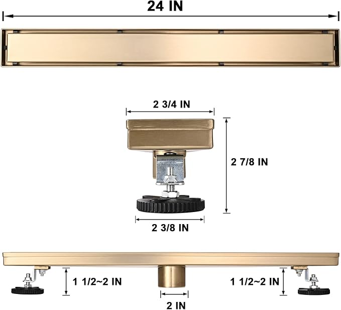 Linear Shower Floor Drain, Brushed Gold 60 Inch 304 Stainless Steel Bathroom Drains Kit, Rectangular Shower Trench Drain with Reversable Tile-in Pattern Drain Cover & Hair Catcher