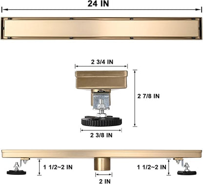 Linear Shower Floor Drain, Brushed Gold 60 Inch 304 Stainless Steel Bathroom Drains Kit, Rectangular Shower Trench Drain with Reversable Tile-in Pattern Drain Cover & Hair Catcher