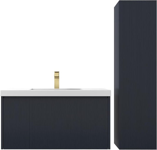 Blossom 36 Inch Bathroom Vanity with Sink and Side Cabinet, All Wood Floating Bathroom Vanity with Acrylic Sink, Bathroom Sink Cabinet with Soft-Close Drawer, Modern Style Vanities, Night Blue
