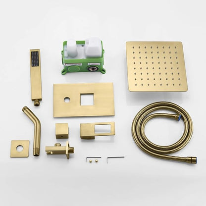 SUMERAIN Rain Shower System Brushed Gold with Rain Shower and Handheld | Dual Functions, Includes 8" High Pressure Shower Head, Brass Rough-In Valve, Hand Shower, Modern Style