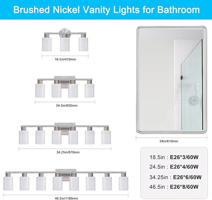 4 Light Bathroom Vanity Light Brushed Nickel Modern Bathroom Light Fixtures Nickel Vanity Lights with Eye-Friendly Milky White Frosted Glass Shades E26 Socket (Bulbs Not Included)