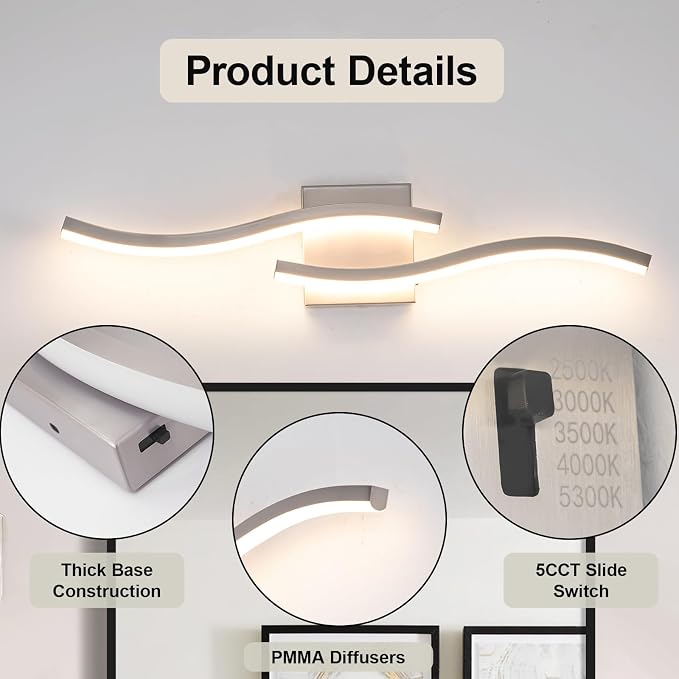 23.62 inch Brushed Nickel LED Vanity Light, 5CCT Dimmable Bathroom Light Fixture Over Mirror, Modern Curved Wall Lamp 2500K-5500K for Bathroom Lighting