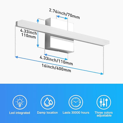 Combuh 16Inch LED Bathroom Vanity Light Bar Color Changing 3CCT Dimmable Shining Over Mirror Lighting Fixture Indoor Wall Sconces Modern 9W Chrome