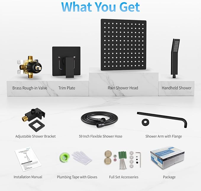 EMBATHER Shower System,10"Shower Faucet Set with Rain Shower Head and Handheld Spray Combo,Included Valve and Trim Kit,Mattle Black
