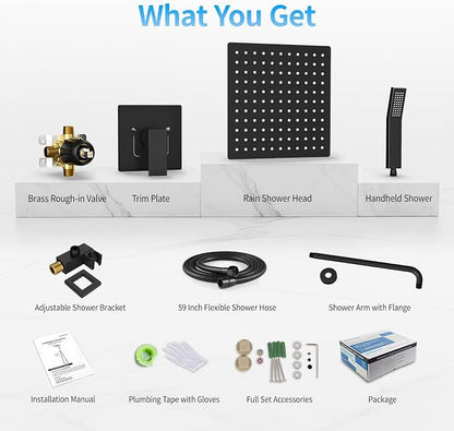 EMBATHER Shower System,10"Shower Faucet Set with Rain Shower Head and Handheld Spray Combo,Included Valve and Trim Kit,Mattle Black
