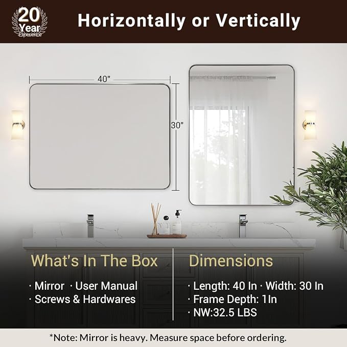 30”x40”Brushed Nickel Mirror for Bathroom, Rounded Rectangle Bathroom Mirror, Modern Metal Mirror in Premium Stainless Steel Frame, 1”Deep Set Design Hangs Horizontal Or Vertical