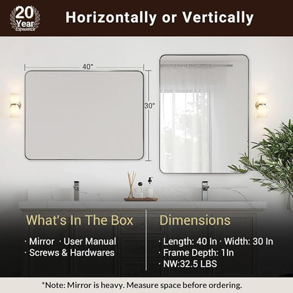 30”x40”Brushed Nickel Mirror for Bathroom, Rounded Rectangle Bathroom Mirror, Modern Metal Mirror in Premium Stainless Steel Frame, 1”Deep Set Design Hangs Horizontal Or Vertical