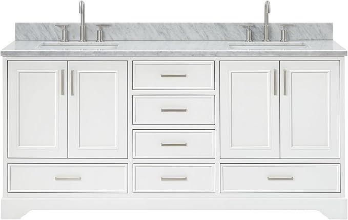 ARIEL Stafford 72-inch Bathroom Vanity with Sink,Solid Wood, 0.75-inch Italian Carrara Marble Countertop, Double Rectangular Porcelain Sink, 4 Soft Closing Doors, 6 Dovetail Drawers, White