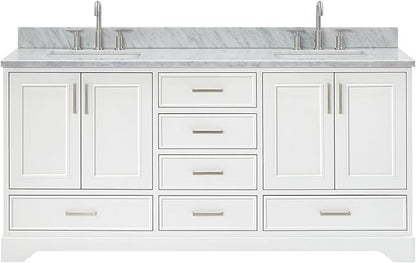 ARIEL Stafford 72-inch Bathroom Vanity with Sink,Solid Wood, 0.75-inch Italian Carrara Marble Countertop, Double Rectangular Porcelain Sink, 4 Soft Closing Doors, 6 Dovetail Drawers, White