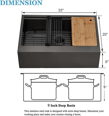 33 Inch Black Farmhouse Sink, 33x20 Gunmetal Black 16 Gauge Stainless Steel Single Bowl Workstation Flat Apron Front Farm Kitchen Sink with Cutting Board