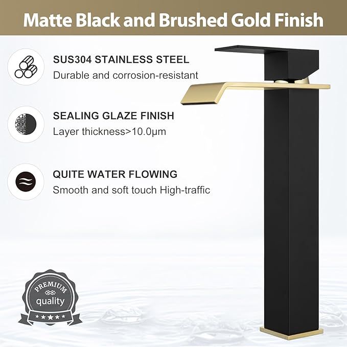 Bathroom Vessel Sink Faucet Black and Gold, Single Hole Tall Bathroom Faucet, Modern SUS304 Stainless Made, Pop-up Drain & Supply Hose Included, Home Décor Improvement