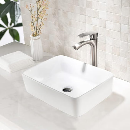 16 Inch White Vessel Sink,16x12 Bathroom Sink Rectangular Above Counter White Vessel Vanity Sink Porcelain Ceramic Countertop Bathroom Vessel Sink Art Basin with Faucet and Drain Combo
