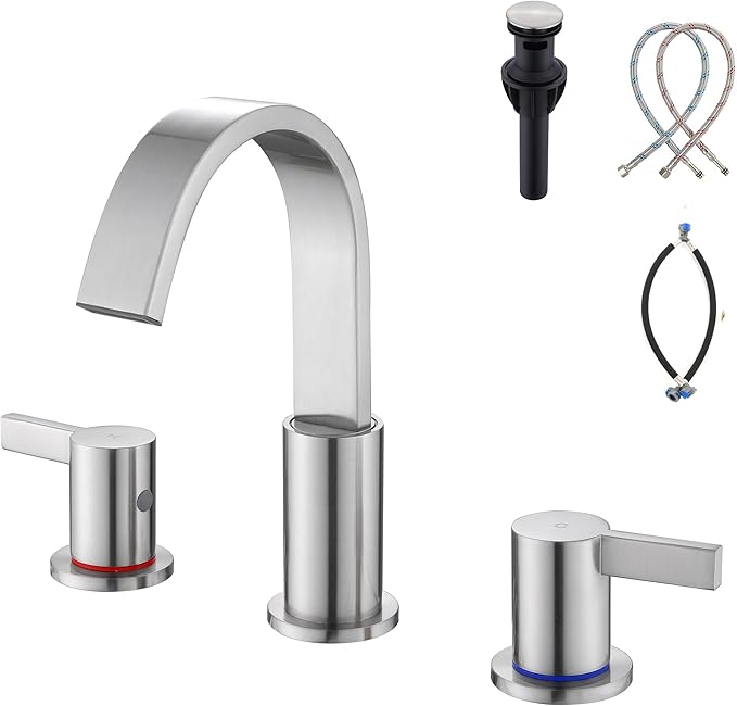 Brushed Nickel Bathroom Faucets 3 Hole, 8 Inch Widespread Waterfall Bathroom Sink Faucet, 2 Handles Vanity Faucet with Pop-up Drain and Supply Hose SE-0018-BN