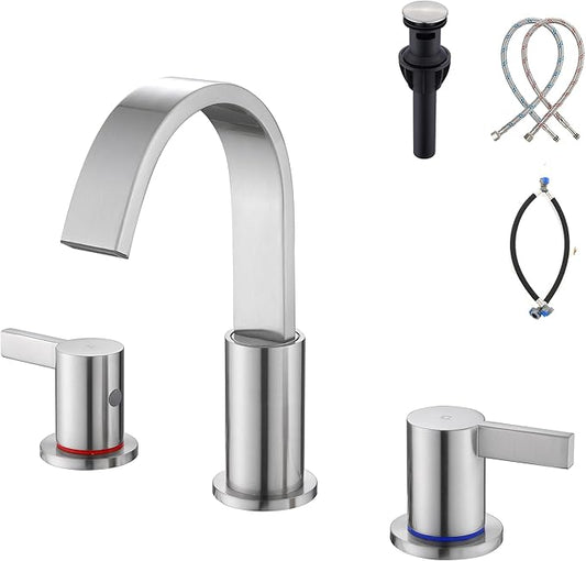 Brushed Nickel Bathroom Faucets 3 Hole, 8 Inch Widespread Waterfall Bathroom Sink Faucet, 2 Handles Vanity Faucet with Pop-up Drain and Supply Hose SE-0018-BN