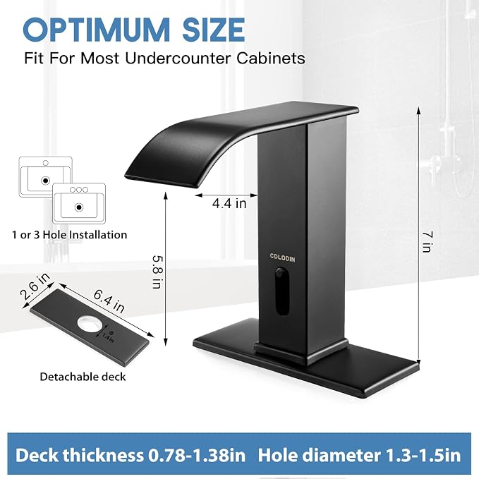 Touchless Bathroom Faucet, Automatic Sensor Waterfall Bathroom Tap, Modern Stainless Matte Black Sink, Hands Free Motion Sensor Lavatory Faucets for Sink 1 Hole