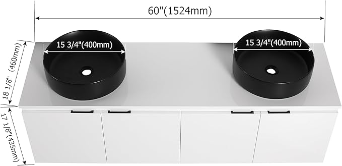 60 Inch Bathroom Vanity with Sink, 60" Floating Bathroom Vanity with Double Vessel Sinks, Modern Wall Mounted Cabinet Set, White Cabinet with 4 Doors and 2 Black Ceramic Basin Sinks, Large Countertop