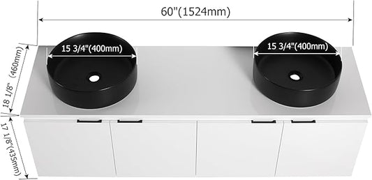 60 Inch Bathroom Vanity with Sink, 60" Floating Bathroom Vanity with Double Vessel Sinks, Modern Wall Mounted Cabinet Set, White Cabinet with 4 Doors and 2 Black Ceramic Basin Sinks, Large Countertop