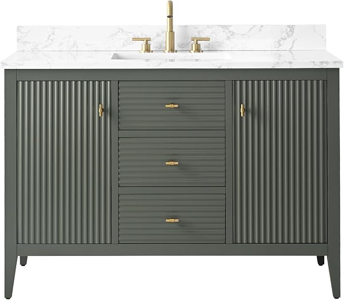Vanity Art 48 inch Bathroom Vanity with Single Sink & Ceramic Top, Vanity Cabinet with Soft-Closing Door, Solid Wood Frame, Linear Pattern, Vintage Green, Golden Brushed Handware VA9148-VG-GB