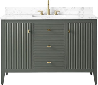 Vanity Art 48 inch Bathroom Vanity with Single Sink & Ceramic Top, Vanity Cabinet with Soft-Closing Door, Solid Wood Frame, Linear Pattern, Vintage Green, Golden Brushed Handware VA9148-VG-GB