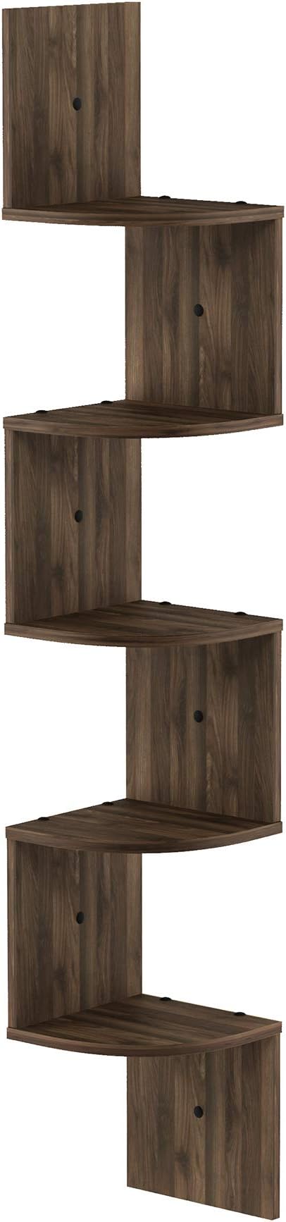 Furinno Rossi Wall Mount Floating Corner Shelf, 5-Tier Radial, Columbia Walnut
