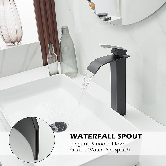 BWE Black Vessel Sink Faucet Single Handle Single Hole Stainless Steel Bathroom Faucet with Waterfall Spout Sink Faucet Lavatory Vanity Deck Mount Mixer Tap