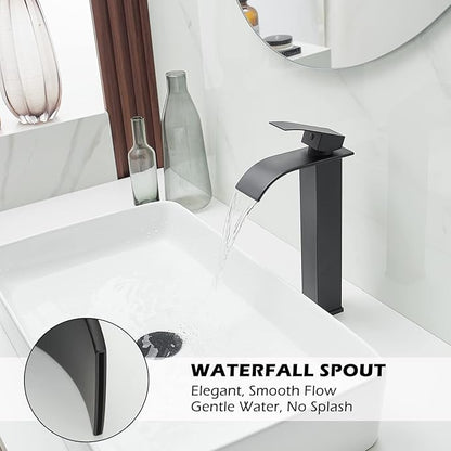 BWE Black Vessel Sink Faucet Single Handle Single Hole Stainless Steel Bathroom Faucet with Waterfall Spout Sink Faucet Lavatory Vanity Deck Mount Mixer Tap