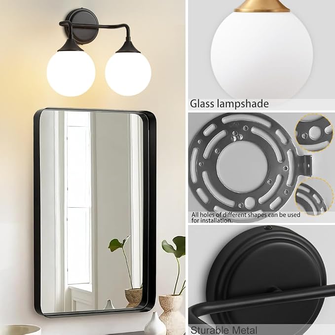 Black Bathroom Light Fixtures Over Mirror Vanity 2-Light | Mid Century Modern Matte Black Wall Sconce with Milky White Glass Ball Shades for for Bathroom Dressing Table Bedroom