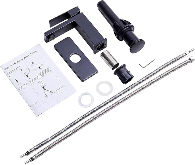 Matte Black Bathroom Faucet, Stainless Steel Single Handle Faucet with Pop Up Drain & Deck Plate, Fits 1 or 3 Hole Countertop, Single Hole Bathroom Installation, Ideal for Vanity & Lavatory Sinks