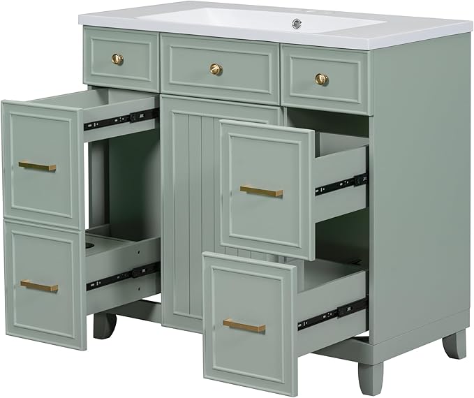 LUMISOL 36" Bathroom Vanity with Ceramic Sink, Modern Bathroom Vanity with 3 Drawers & Soft Close Doors, Solid Wood Bathroom Sink Cabinet with Undermount Basin, Gold Handles (Green)
